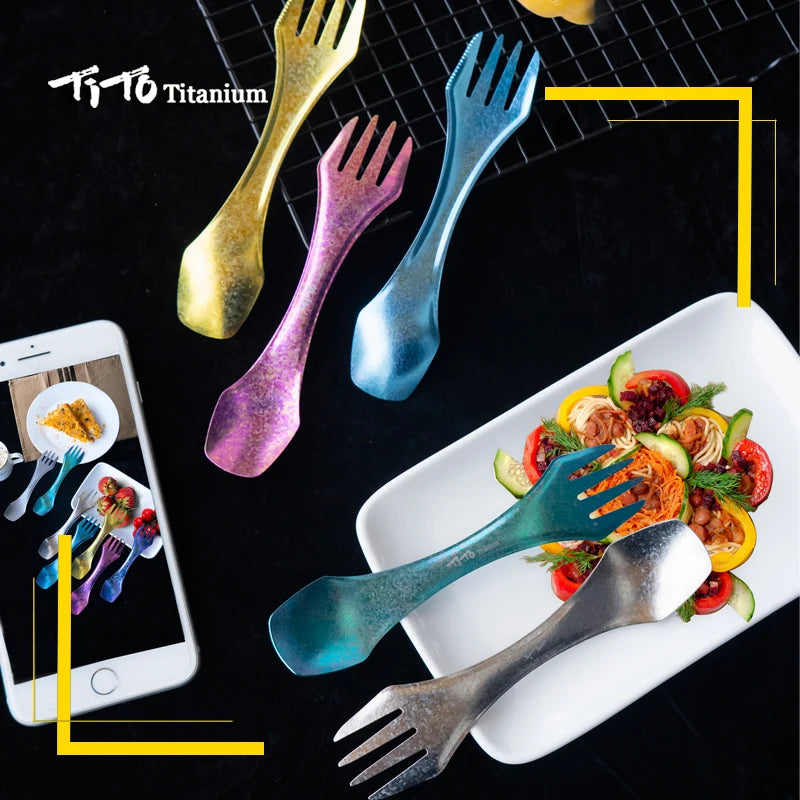 TiTo Titanium Spork Outdoor Camping Fork Knife Combo Hiking Picnic Survival Tableware