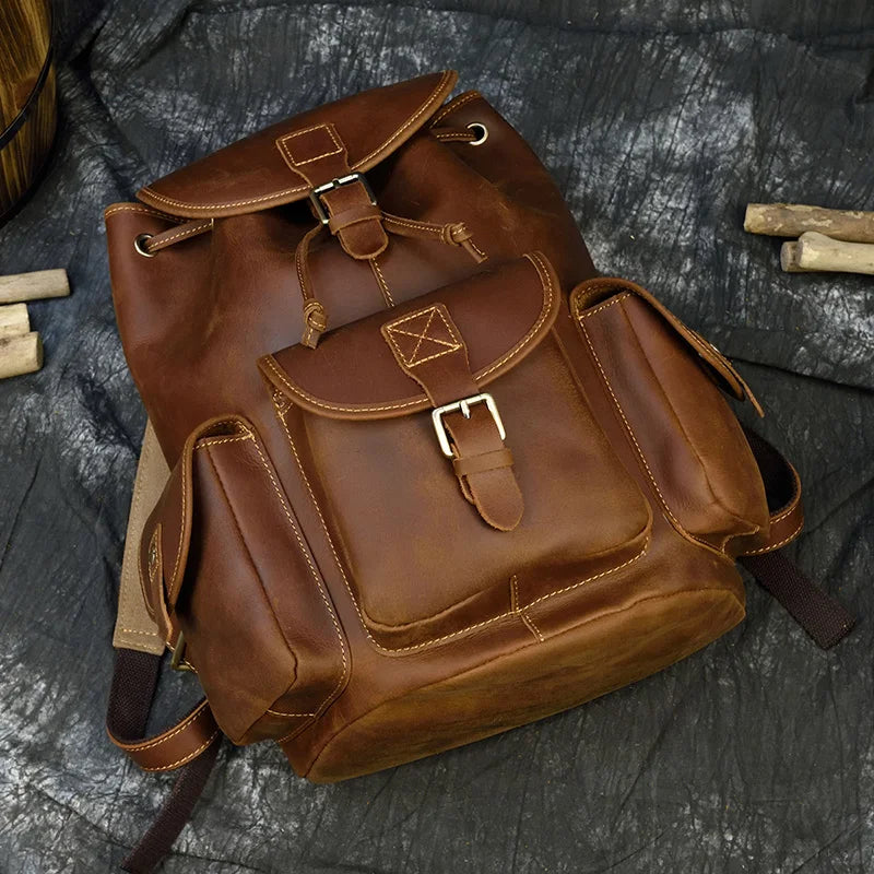 Men's Women's Crazy Horse Leather Backpacks Vintage Genuine Leather Laptop Men Women Unisex Bapacks Cow Leather School Bag